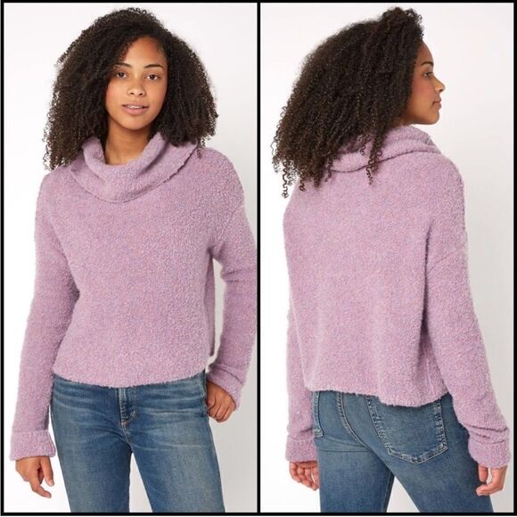 Free People Stormy Pullover Sweater Pink Purple S Cowl Neck Boucle Teddy Crop - Picture 2 of 16